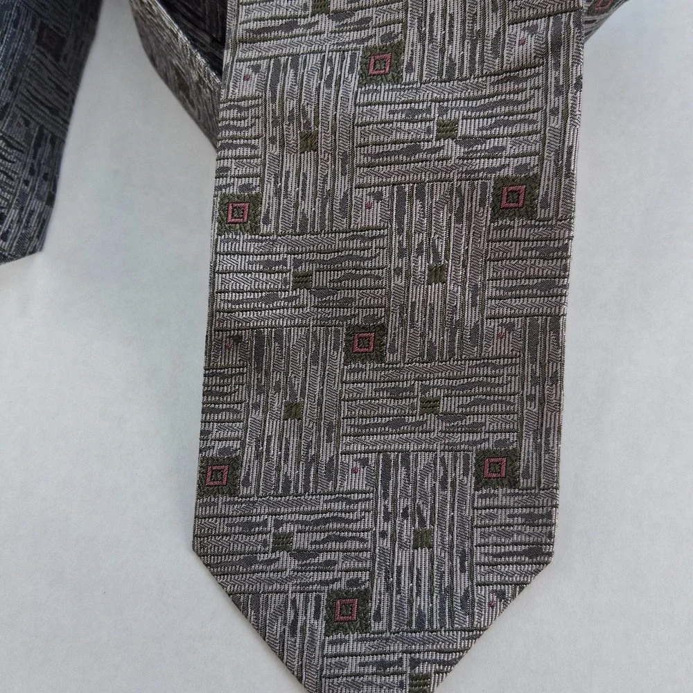 Japanese Necktie Mens OS Grey Geometric Abstract Woven Silk Classic